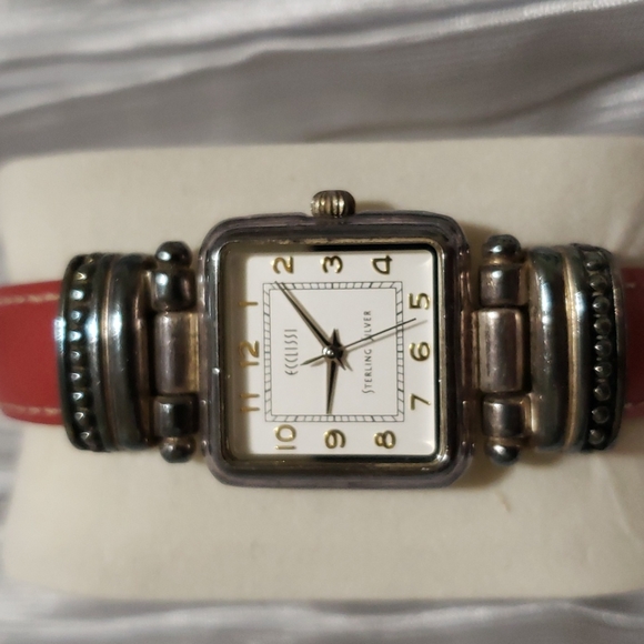 Ecclissi Women's Sterling 925 Silver Square Watch with Red Leather Strap - Picture 3 of 6